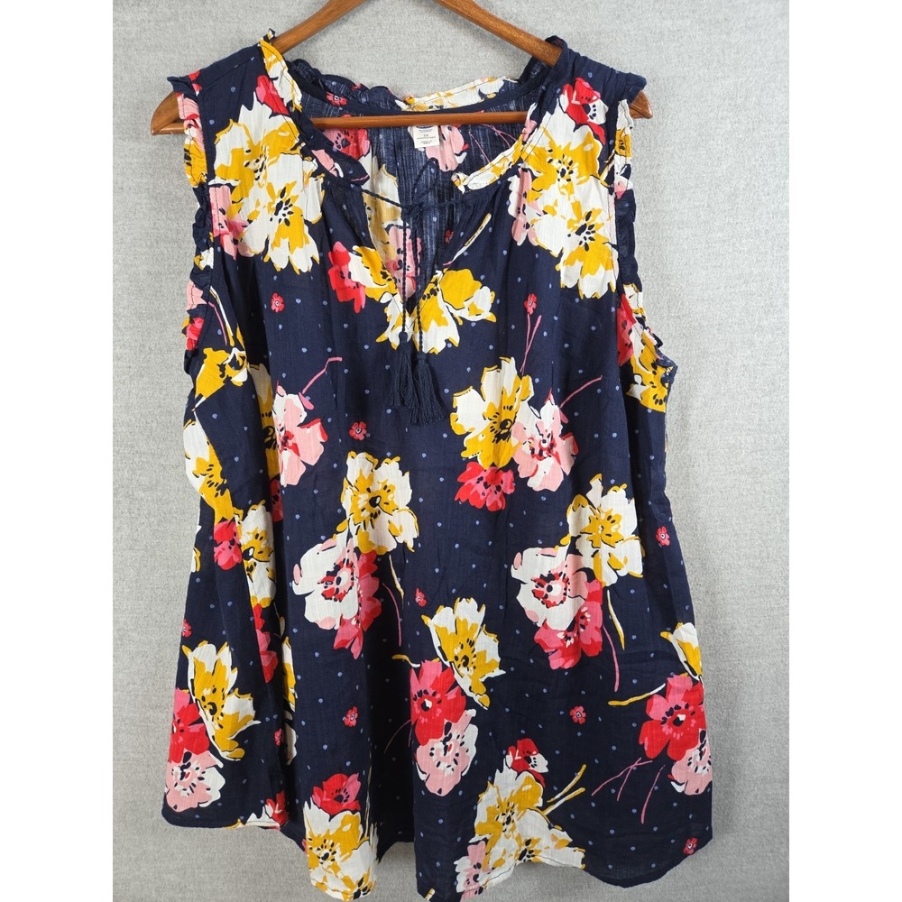 Old Navy 2X Sleeveless Blouse Navy Floral Tassel Tie Ruffle Trim Boho Flowy